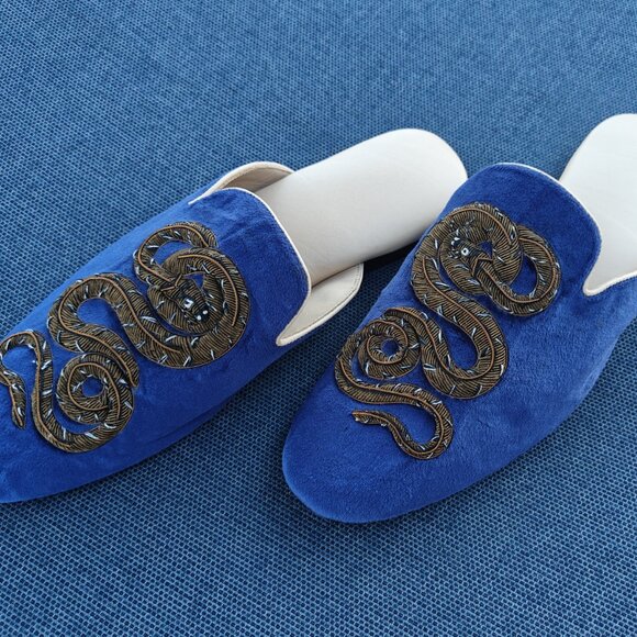 Mens Leather Shoes, Leather Slip-on Shoes, Embriodered shoes, Blue Velvet Shoes